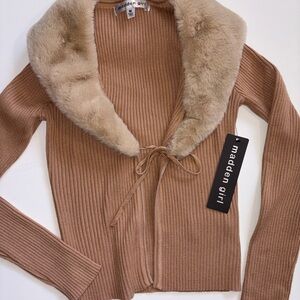 Madden Girl Camel Ribbed Tie-Front Cardigan with Faux Fur Trim